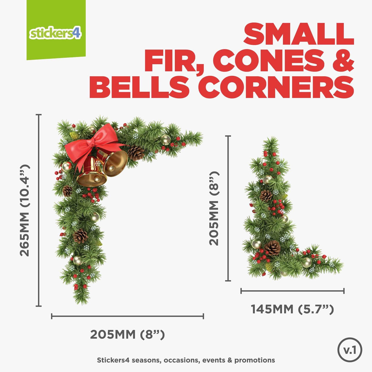 Fir, Cones &amp; Bells Set of 4 Corners Christmas Window Display