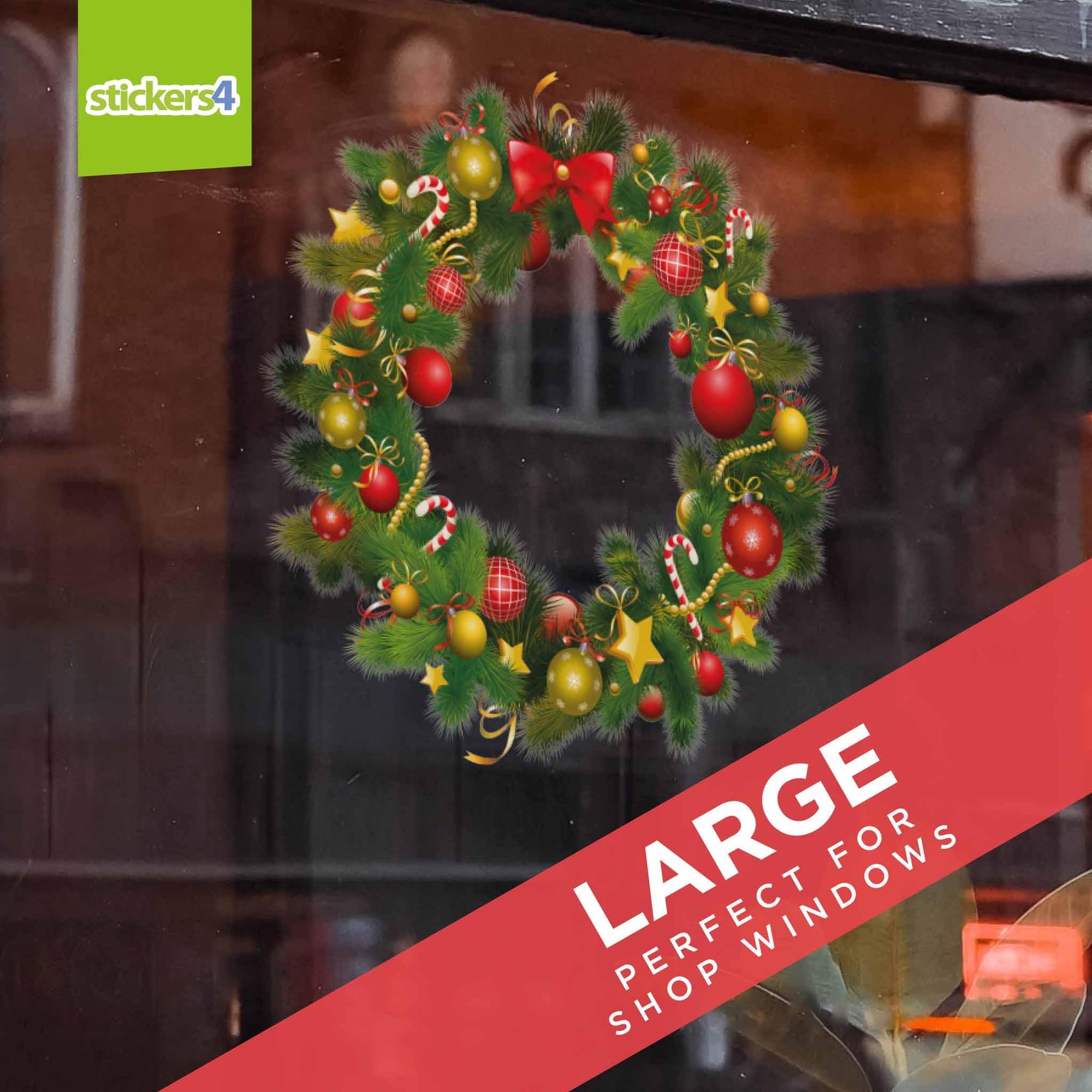 Full Colour Traditional Wreath Window Cling Sticker Christmas Window Display