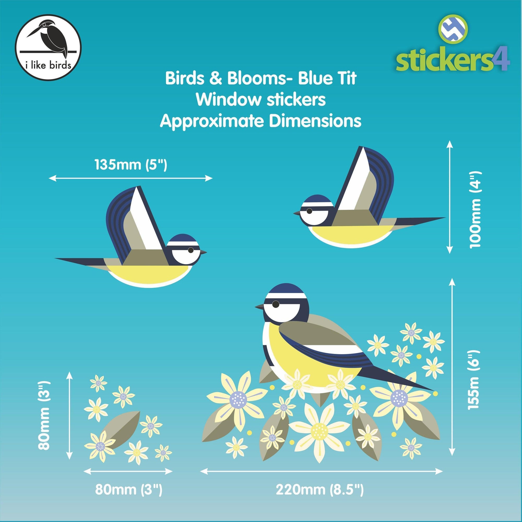 Birds & Blooms - Blue Tits set of static cling window stickers Decorative Bird Strike Prevention