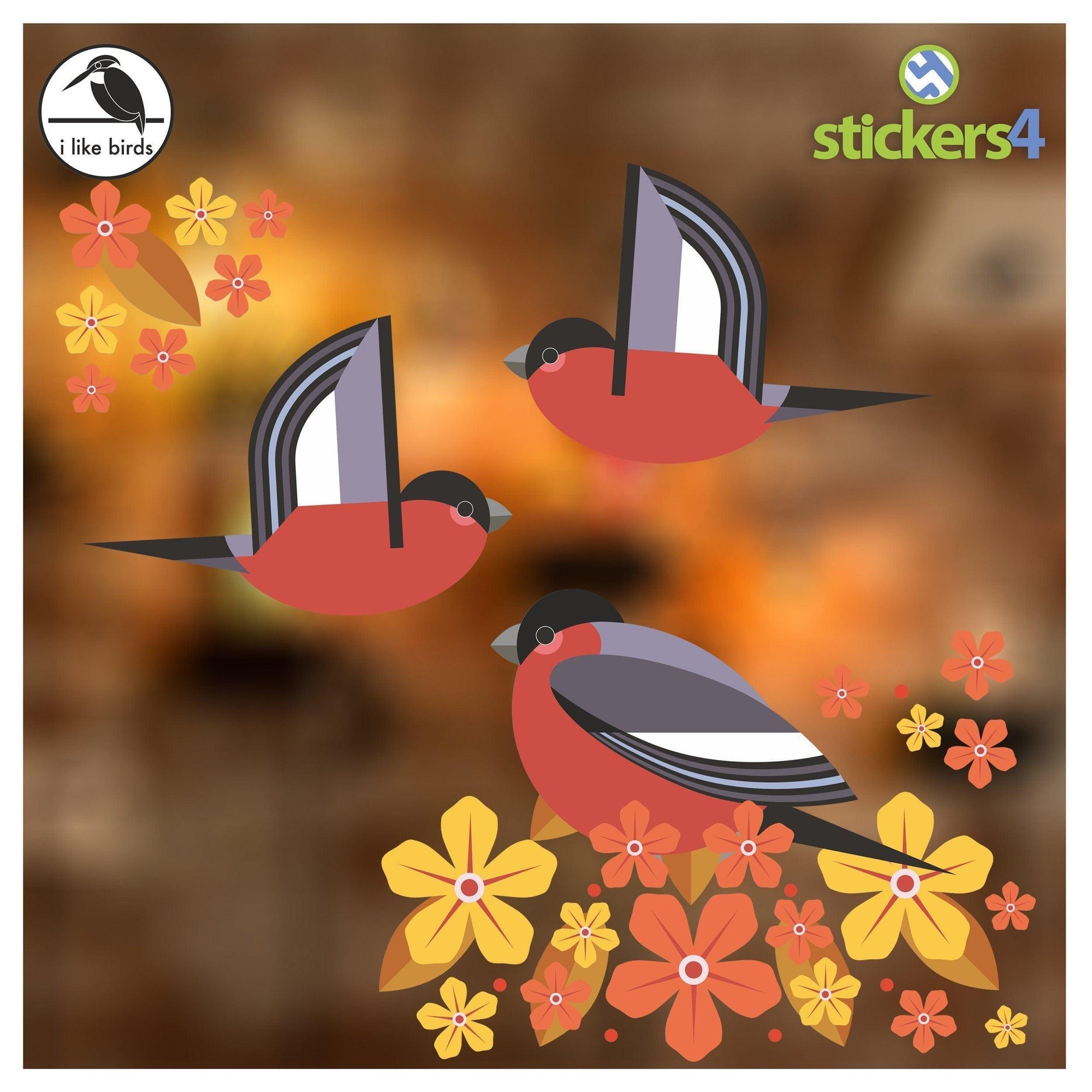 Birds & Blooms - Bullfinch set of static cling window stickers Decorative Bird Strike Prevention