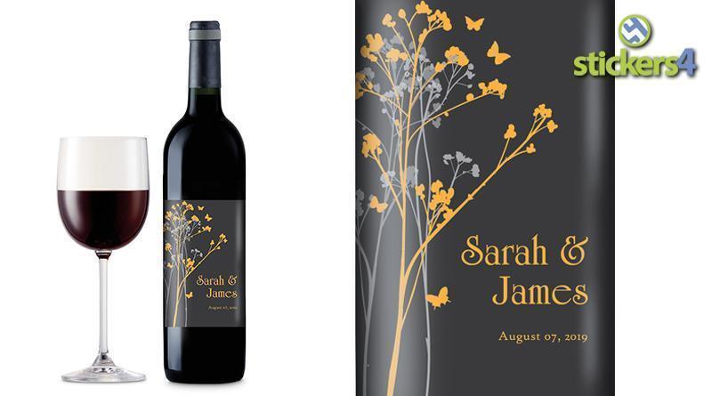 Branches & Butterflies (Dark) Custom Printed Wedding Wine Bottle Label Events