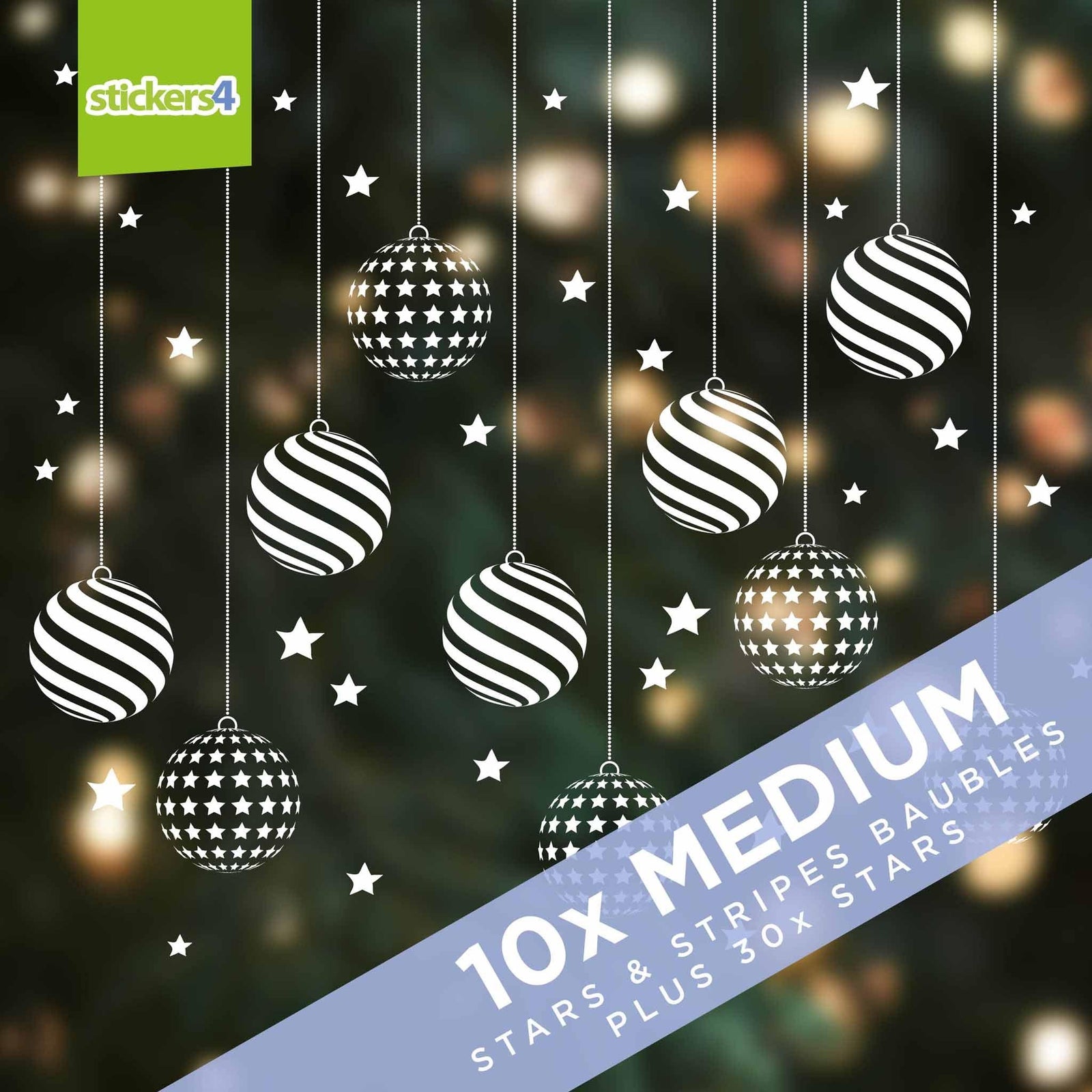 Set of 10 Large (150mm) Stars & Stripes Bauble Window Stickers plus 30 added Stars Christmas Window Display