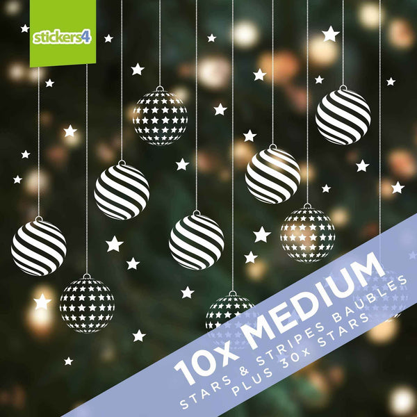 Set of 10 Large (150mm) Stars & Stripes Bauble Window Stickers plus 30 added Stars Christmas Window Display