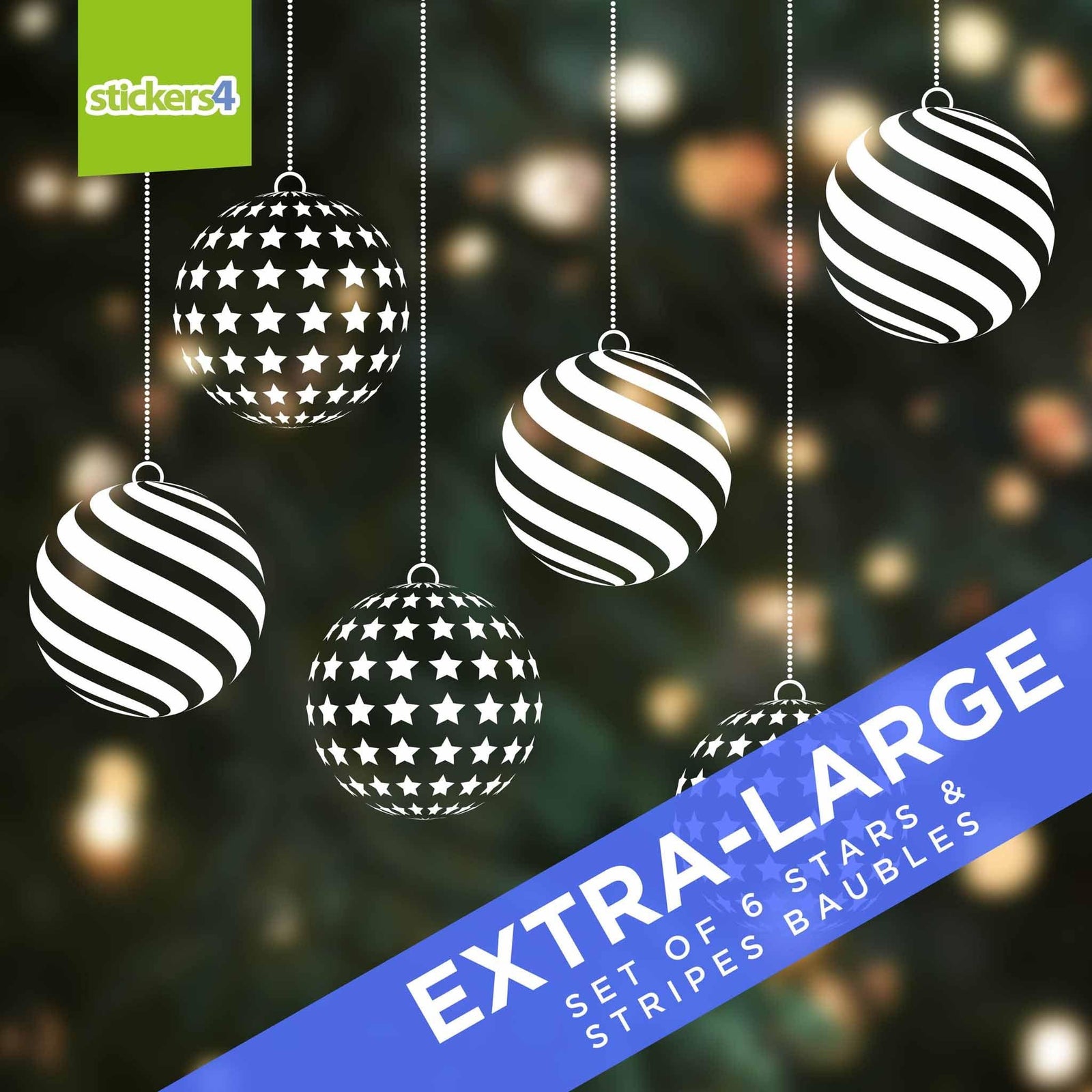 Set of 6 Extra-Large (300mm) Stars & Stripes Bauble Window Cling Stickers Christmas Window Display