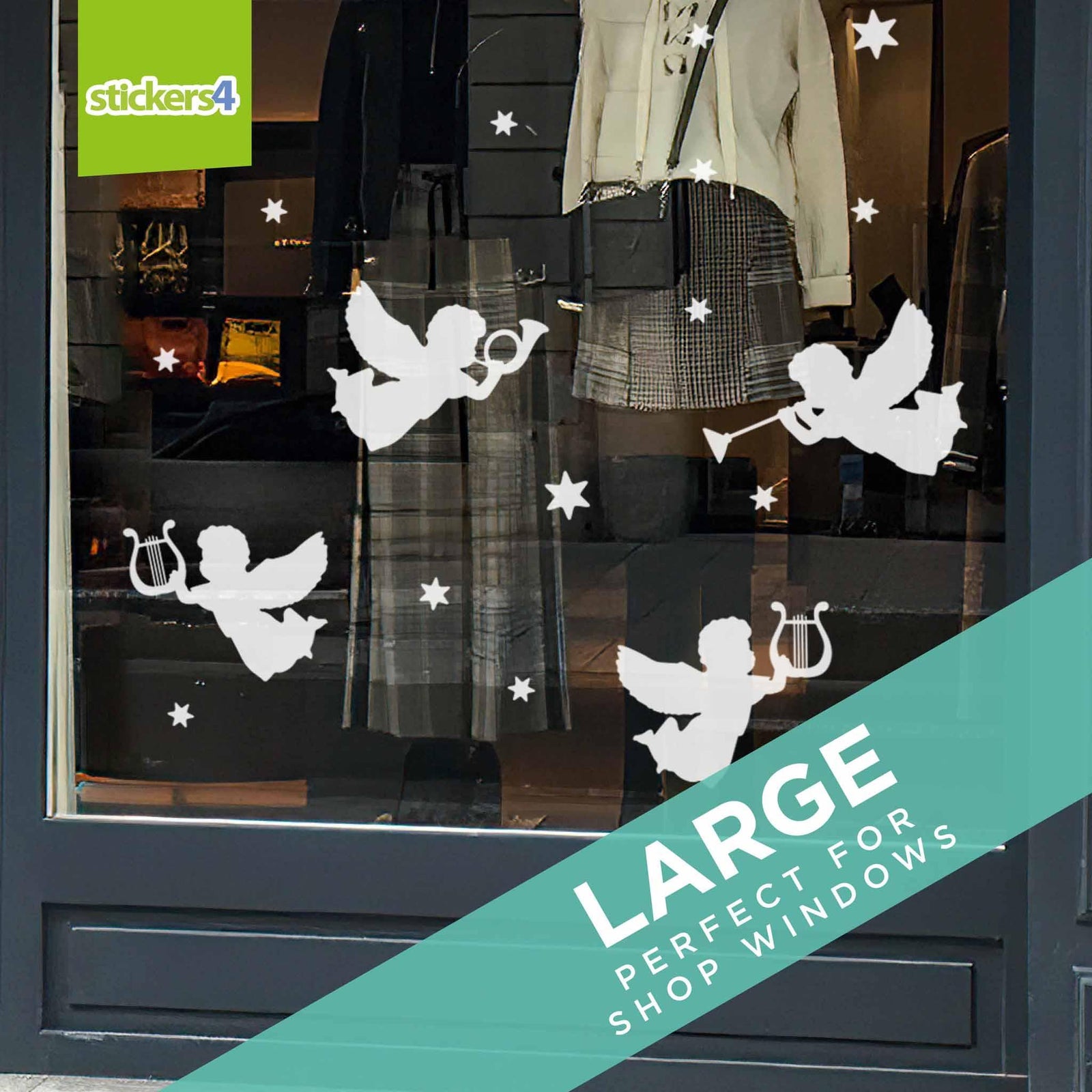 Set of White Angels & Stars Silhouette Window Cling Stickers Christmas Window Display