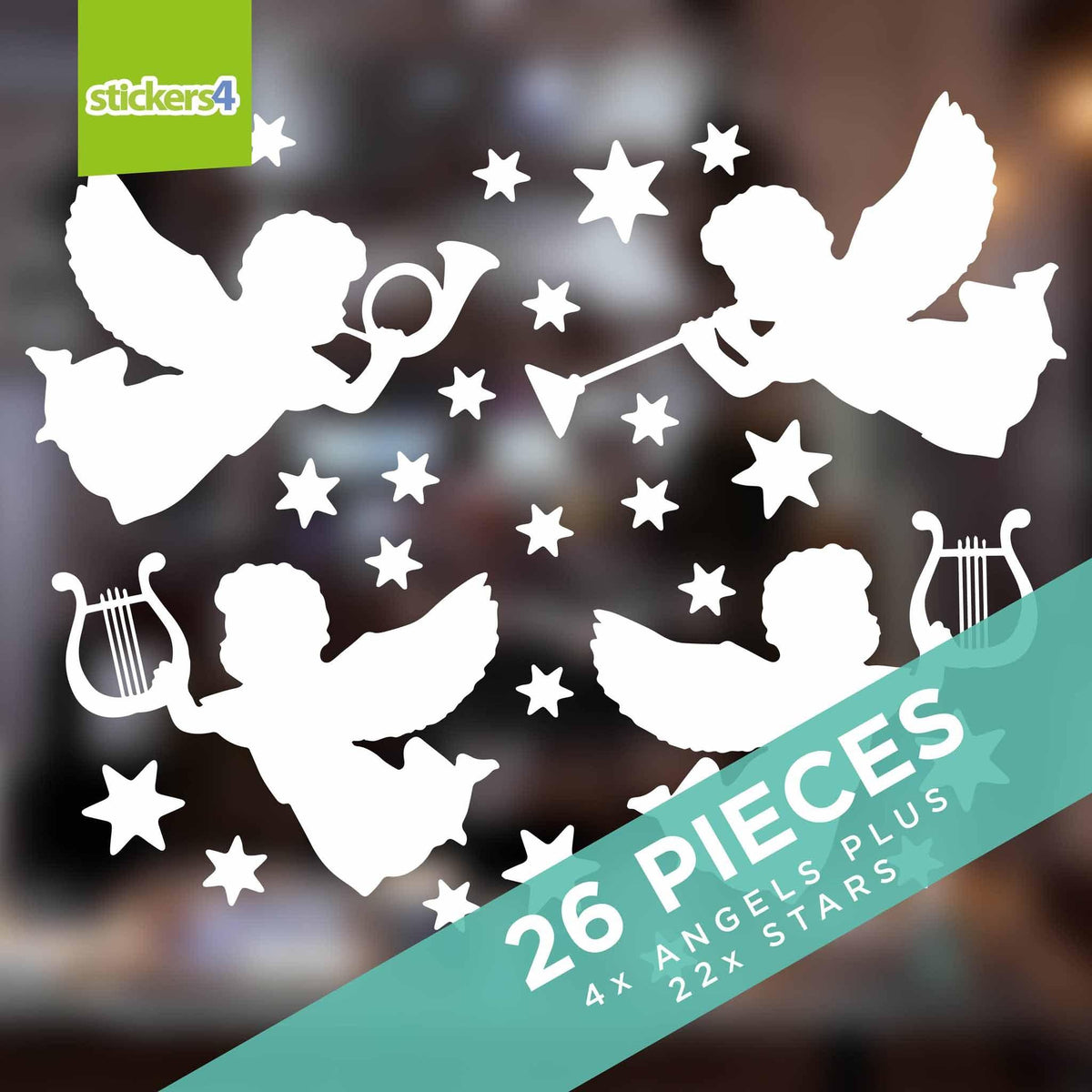 Set of White Angels &amp; Stars Silhouette Window Cling Stickers Christmas Window Display