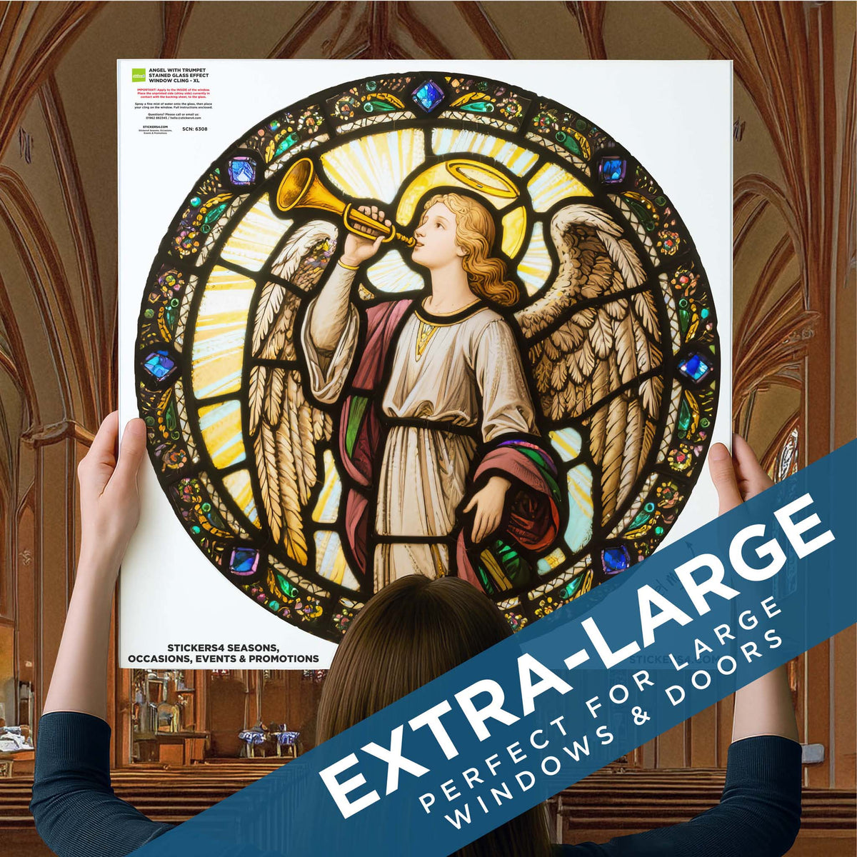 Angel with Trumpet Stained Glass Window Cling Sticker