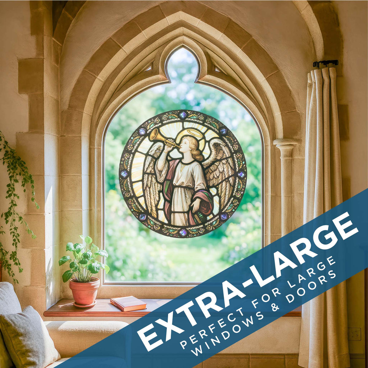 Angel with Trumpet Stained Glass Window Cling Sticker