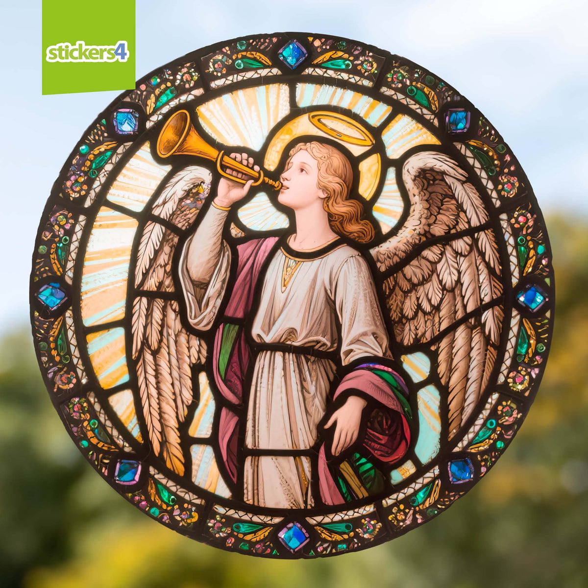 Angel with Trumpet Stained Glass Window Cling Sticker