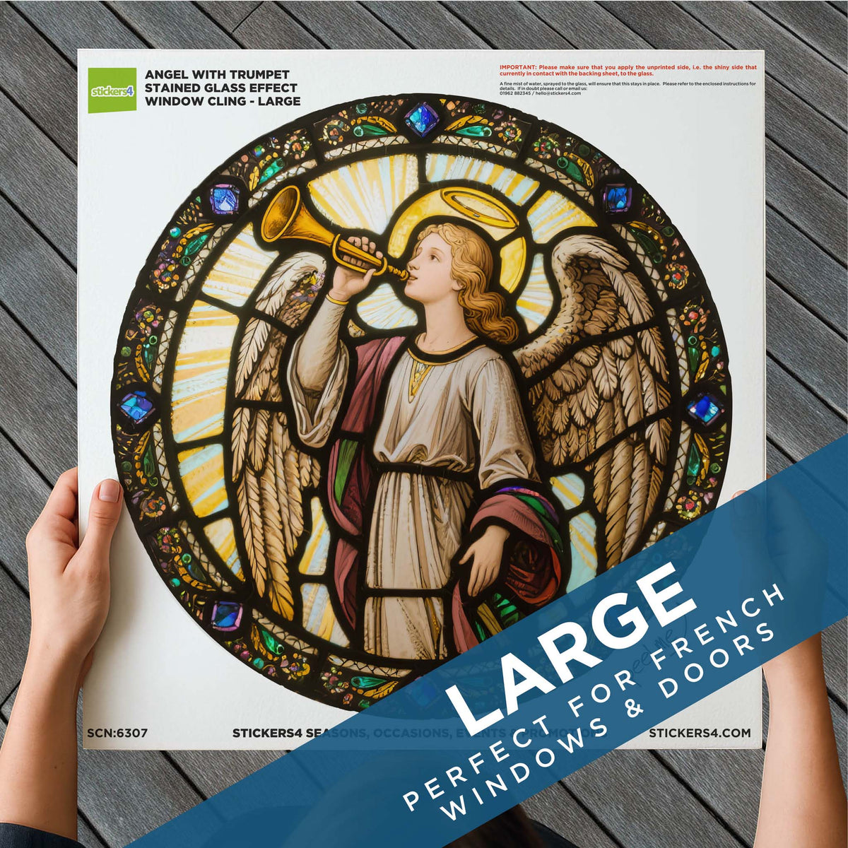 Angel with Trumpet Stained Glass Window Cling Sticker