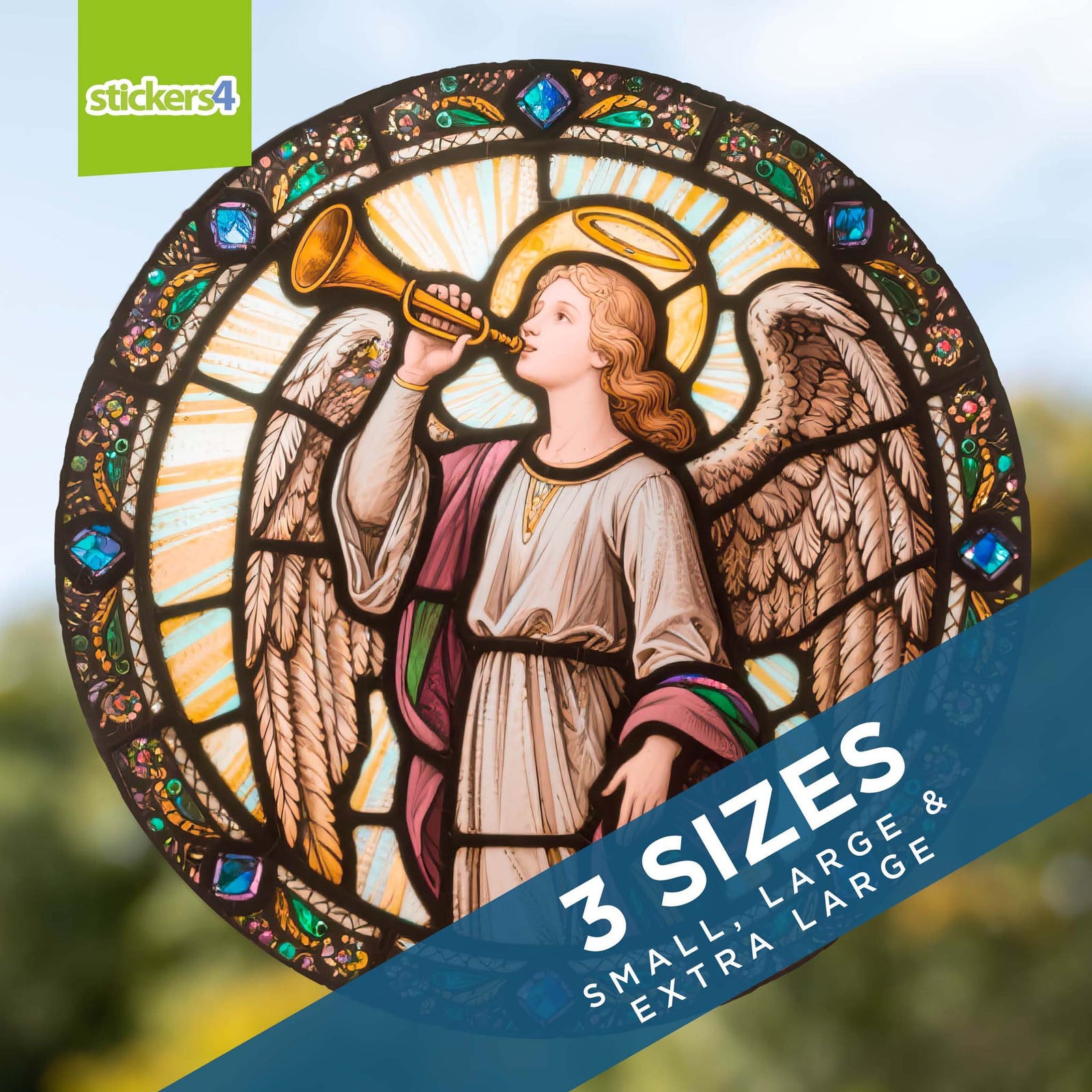 Decorative angel with wings and a horn in a stained glass style, featuring 'stickers4' branding.