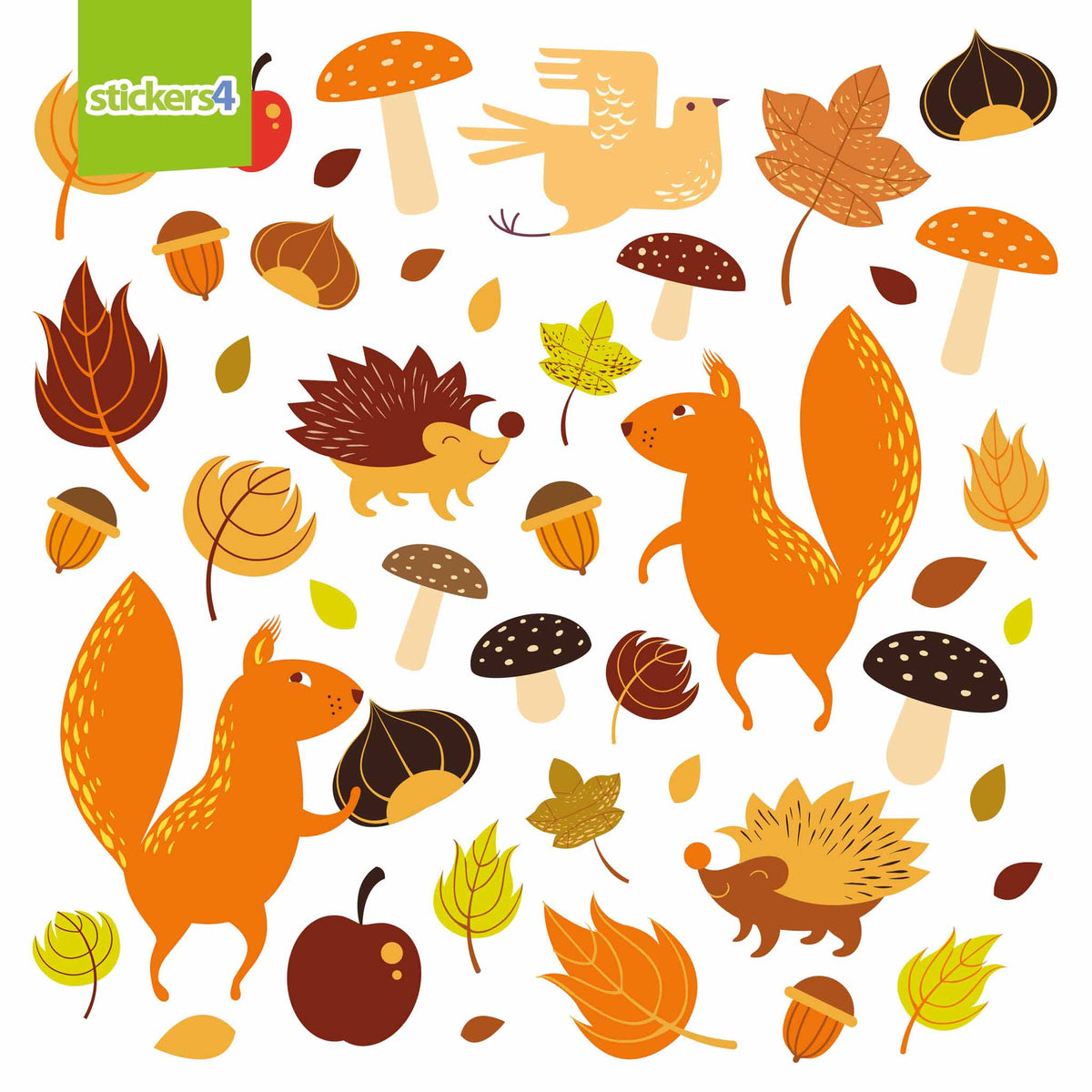 Autumn Woodland Pack of Animals, Nuts, Leaves &amp; Mushroom Window Stickers