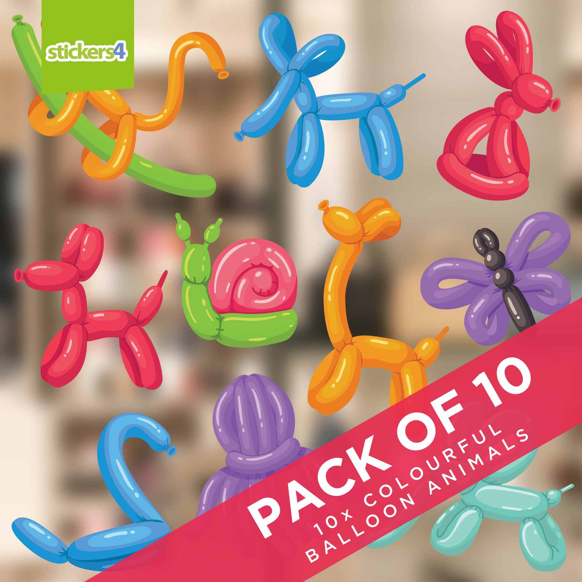 Pack of 10 Balloon Animal Window Stickers