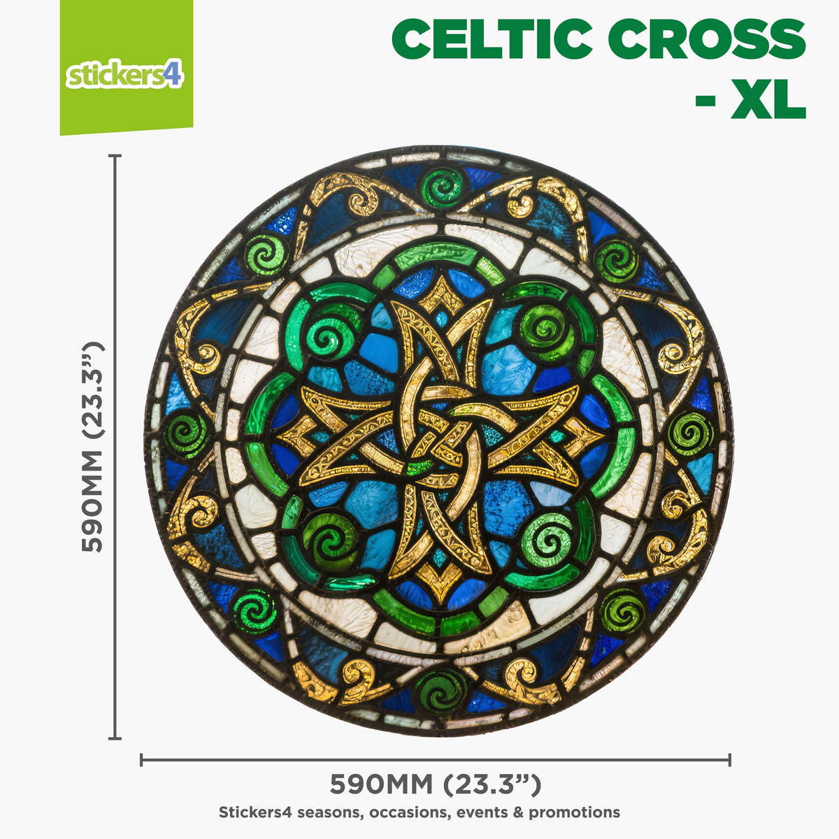 Celtic cross design with colorful patterns and dimensions on a white background, featuring the brand &#39;stickers4&#39;.