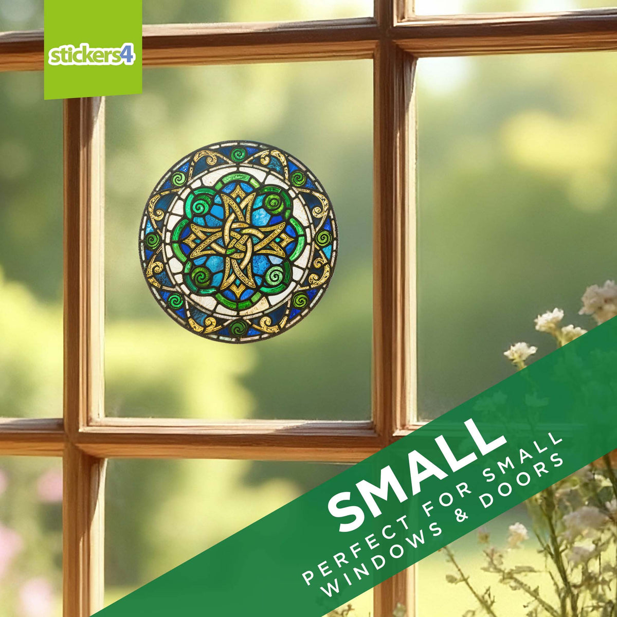 Decorative window sticker with Celtic knot design on a window, featuring the brand &#39;stickers4&#39;.