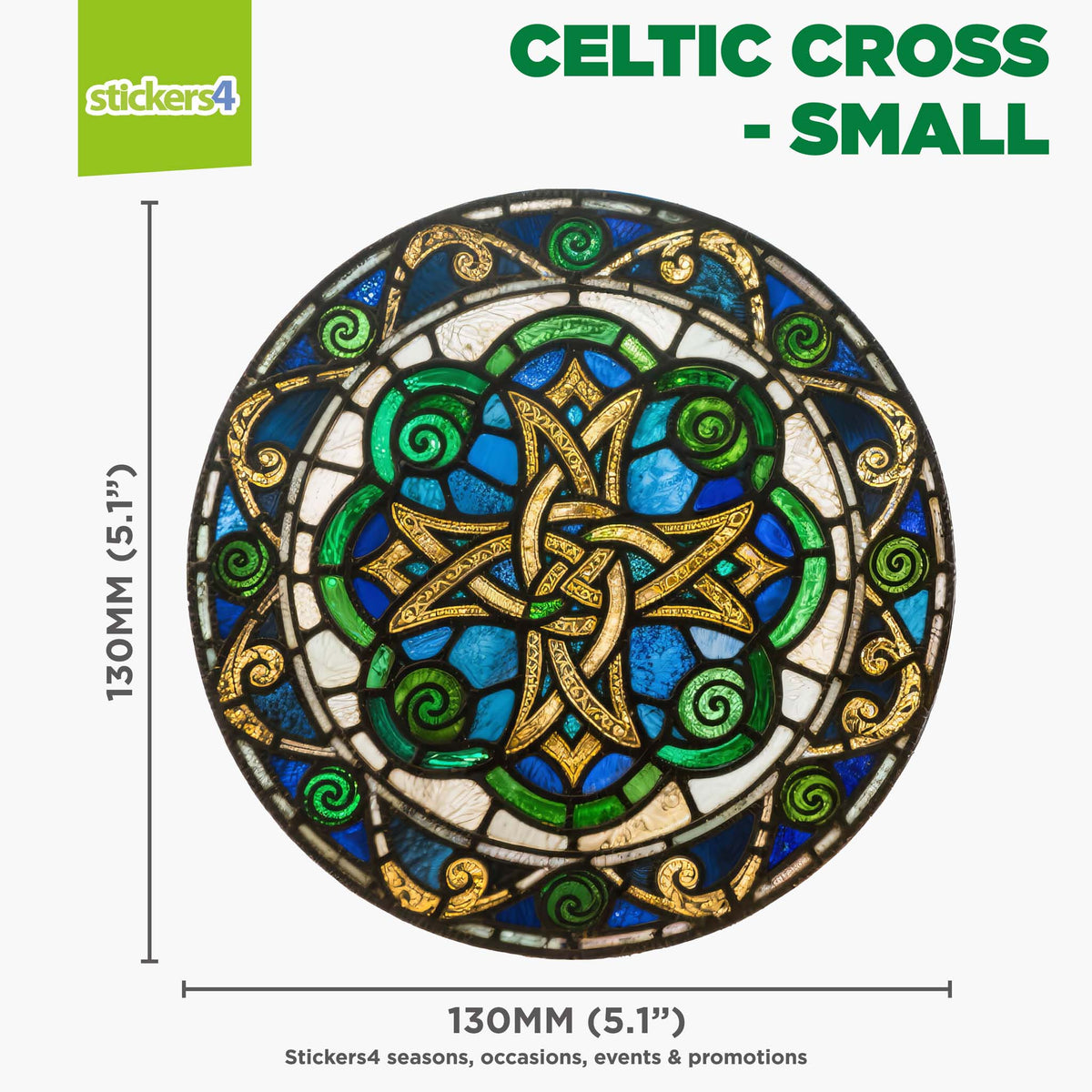 Small Celtic cross design with dimensions on a white background, featuring the brand &#39;stickers4&#39;.
