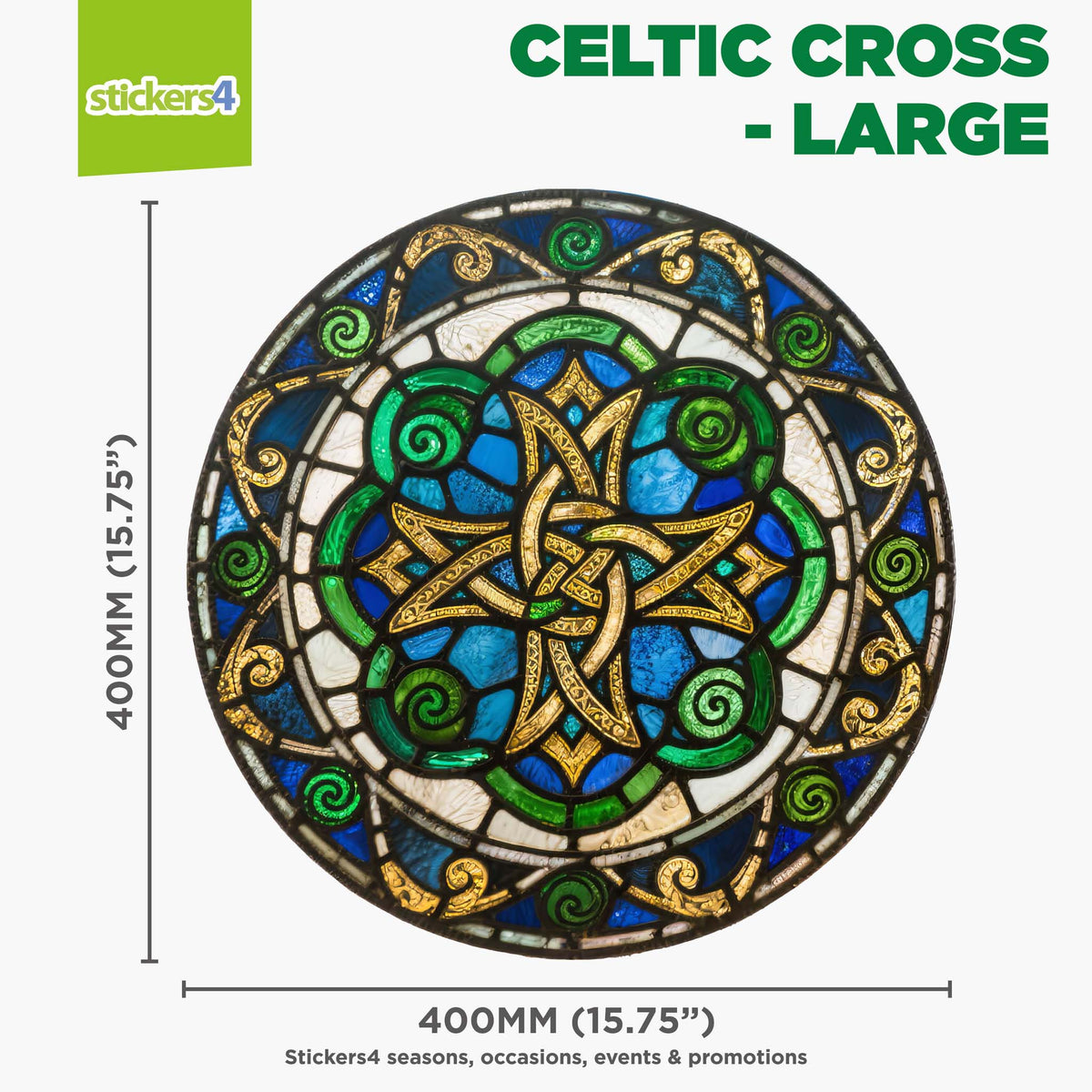 Large Celtic cross design with dimensions on a white background, featuring the brand &#39;stickers4&#39;.