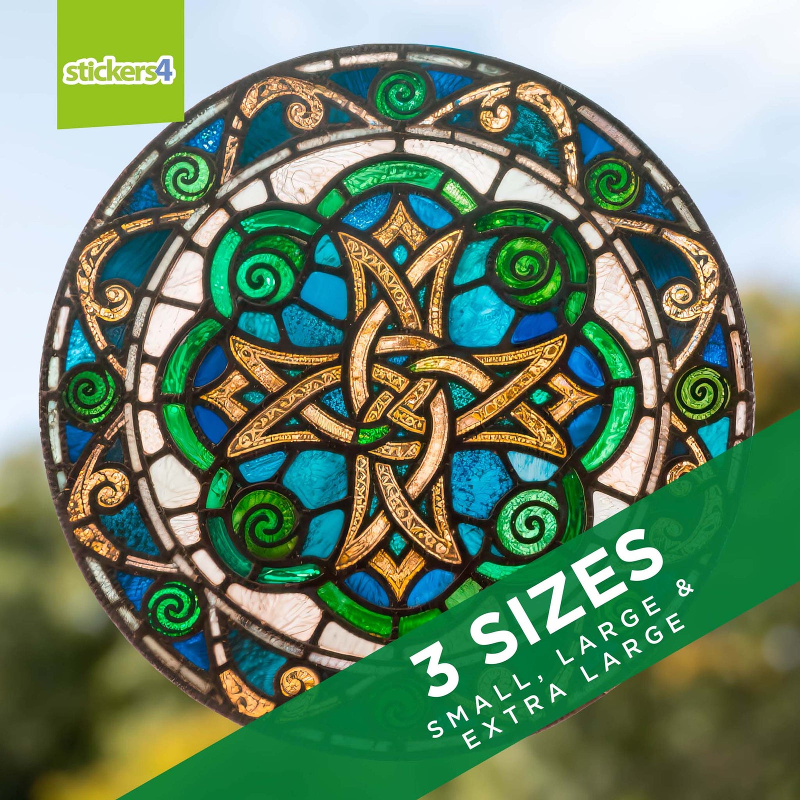 Decorative round sticker with Celtic knot design, featuring green, blue, and gold colors on a blurred natural background.