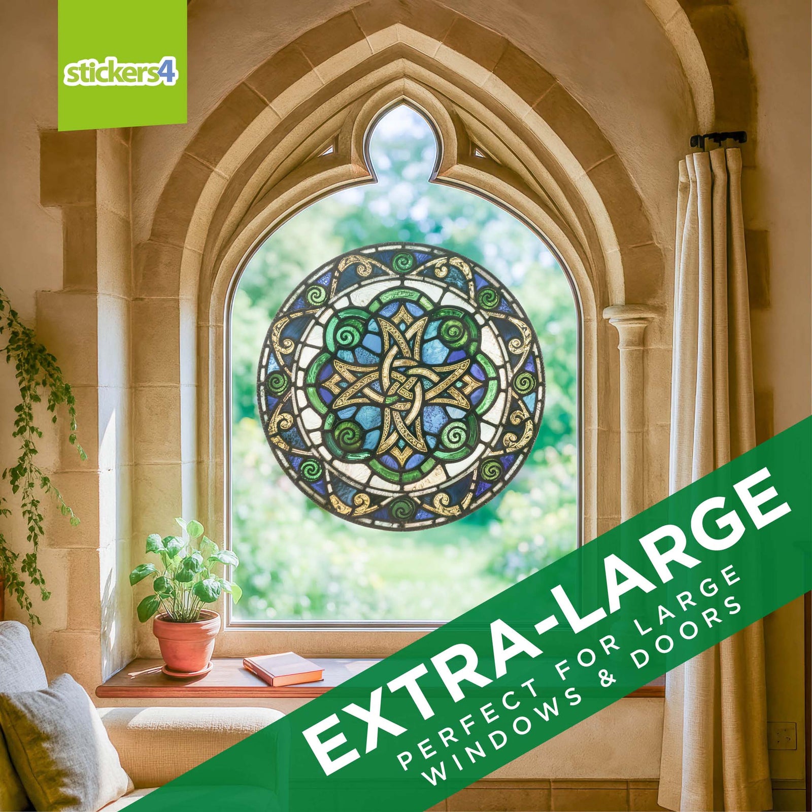 Decorative round sticker with Celtic knot design, featuring green, blue, and gold colors on a blurred natural background.