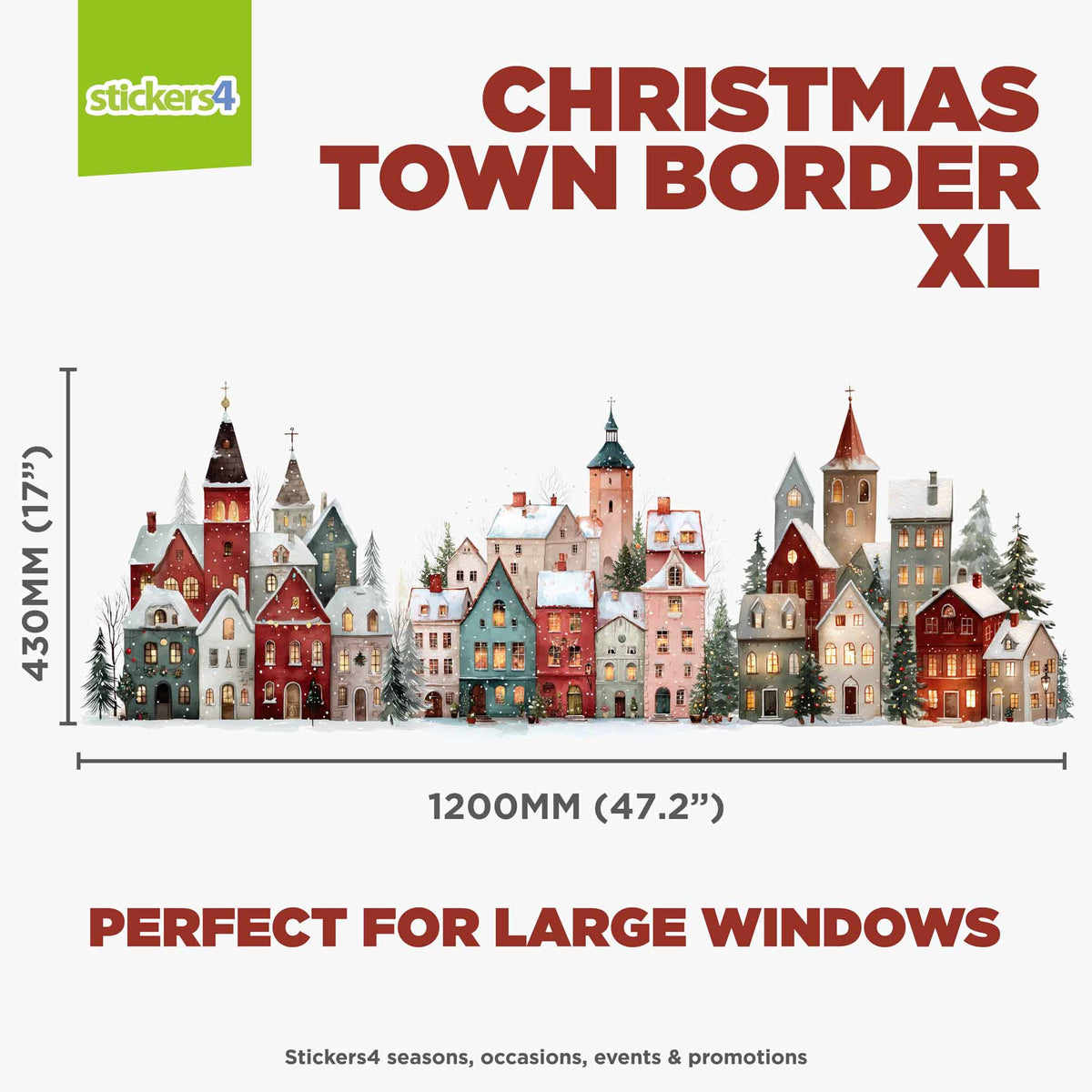 Stickers4 Christmas Town Border XL decorative sticker set shown with printed dimensions: 1200mm wide by 430mm tall, on a light gray background 