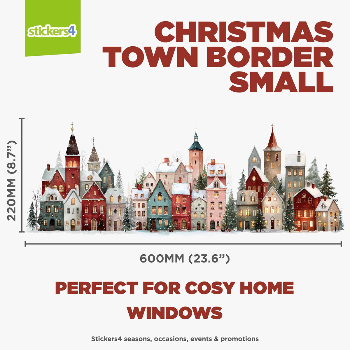 A product sizing graphic for a 'Christmas Town Border Small' sticker. The graphic features a watercolor illustration of a festive village with snowy roofs and church towers, annotated with dimensions of 220mm (8.