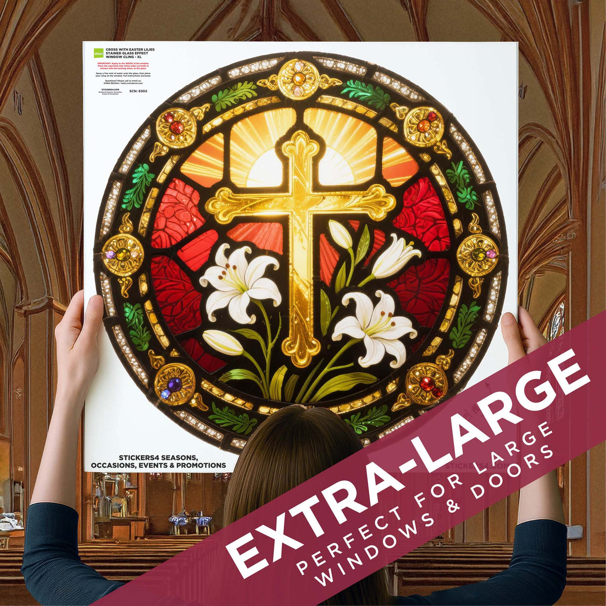 Stained Glass Cross with Easter Lilies Window Cling Sticker