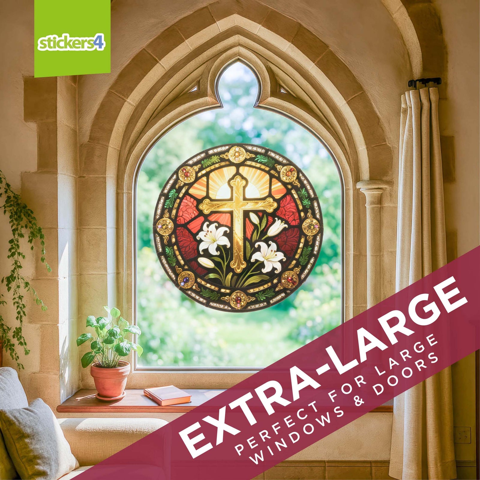 Decorative round sticker with a cross and flowers, featuring 'stickers4' branding.