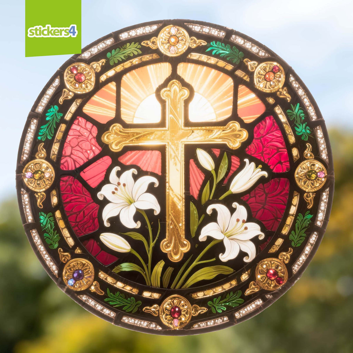 Stained Glass Cross with Easter Lilies Window Cling Sticker