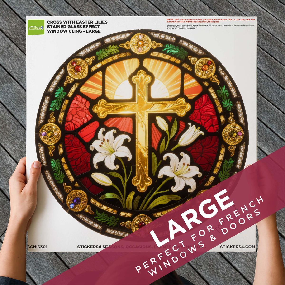 Stained Glass Cross with Easter Lilies Window Cling Sticker