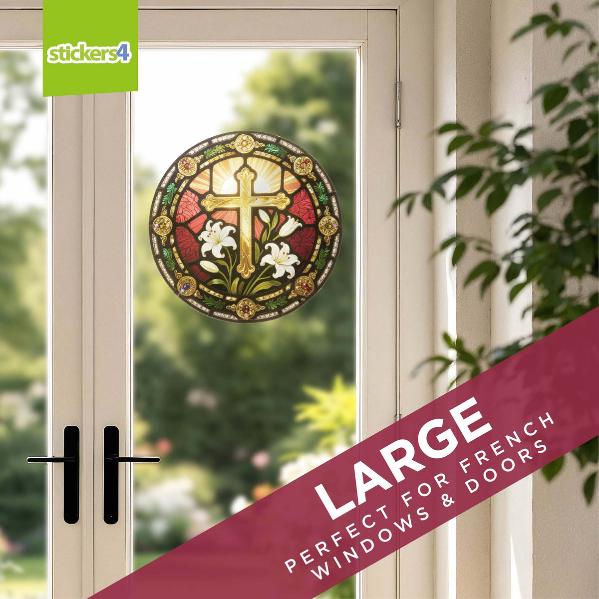 Decorative stained glass window sticker on a French door with &#39;stickers4&#39; branding.