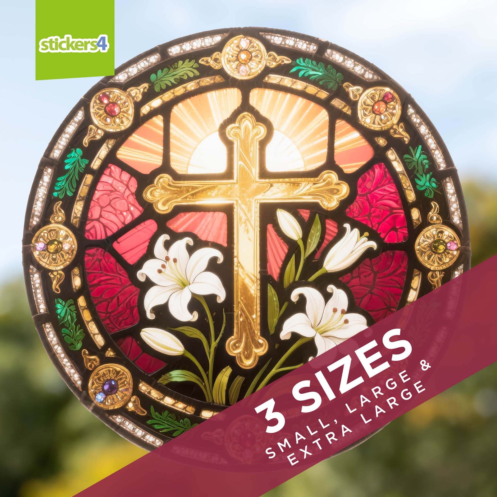 Decorative round sticker with a cross and flowers, featuring 'stickers4' branding.