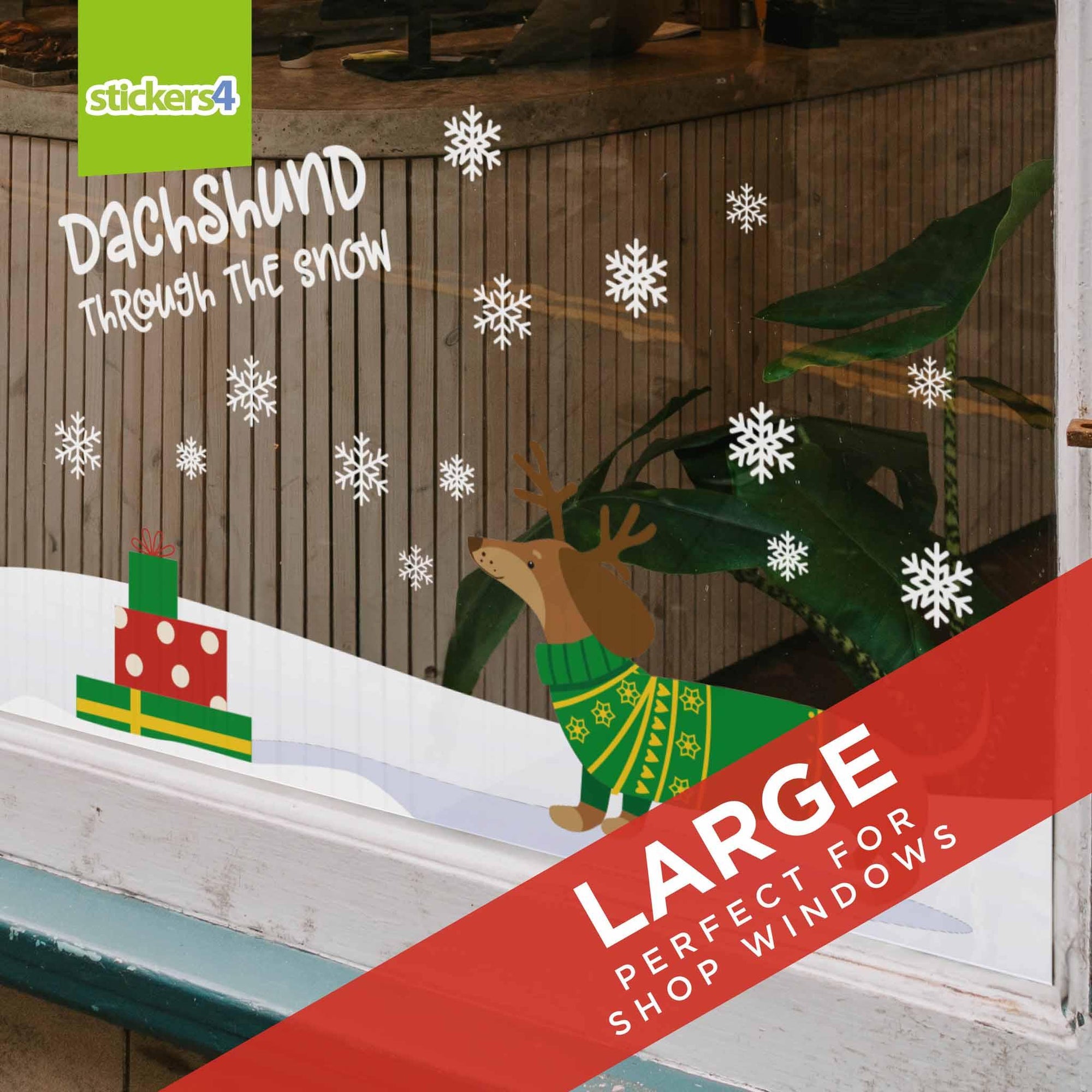 Dachshund Through The Snow Border (Brown & Tan) - Christmas Window Sticker Christmas Window Display