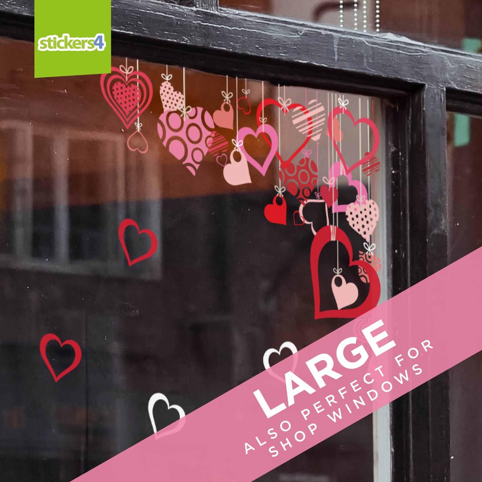 Dangling Coloured Heart Corner Window Cling Stickers Valentine's Day Display