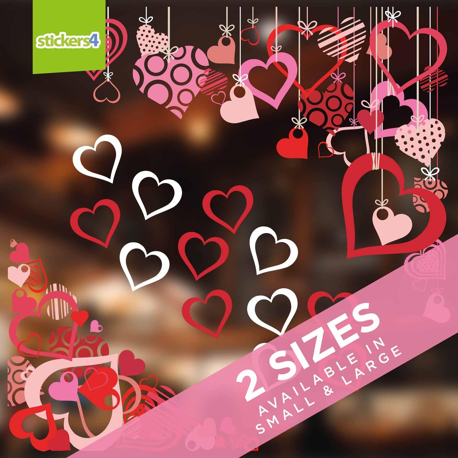 Dangling Coloured Heart Corner Window Cling Stickers Valentine's Day Display