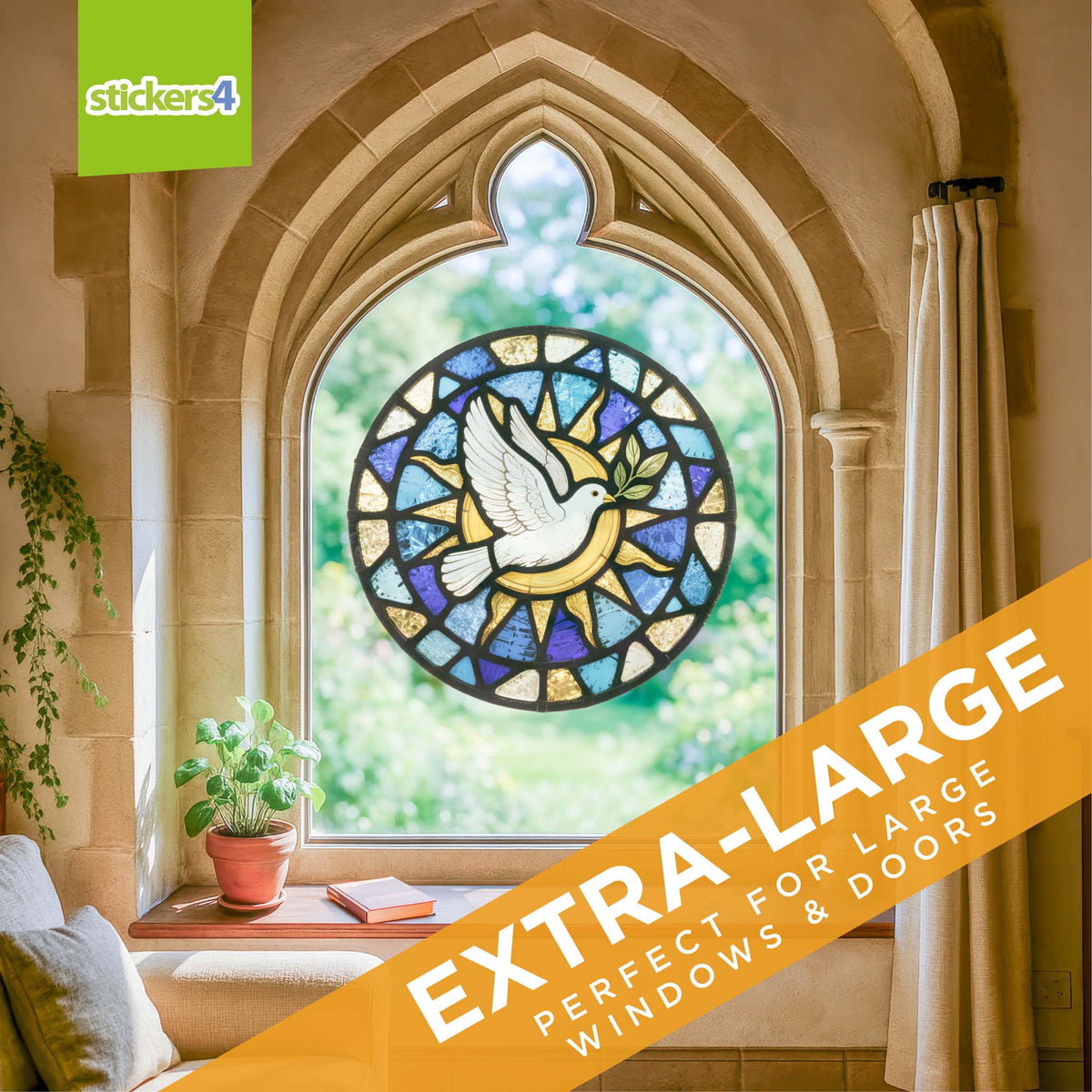 Stained glass window with a dove design in a decorative arch, featuring &#39;stickers4&#39; branding.