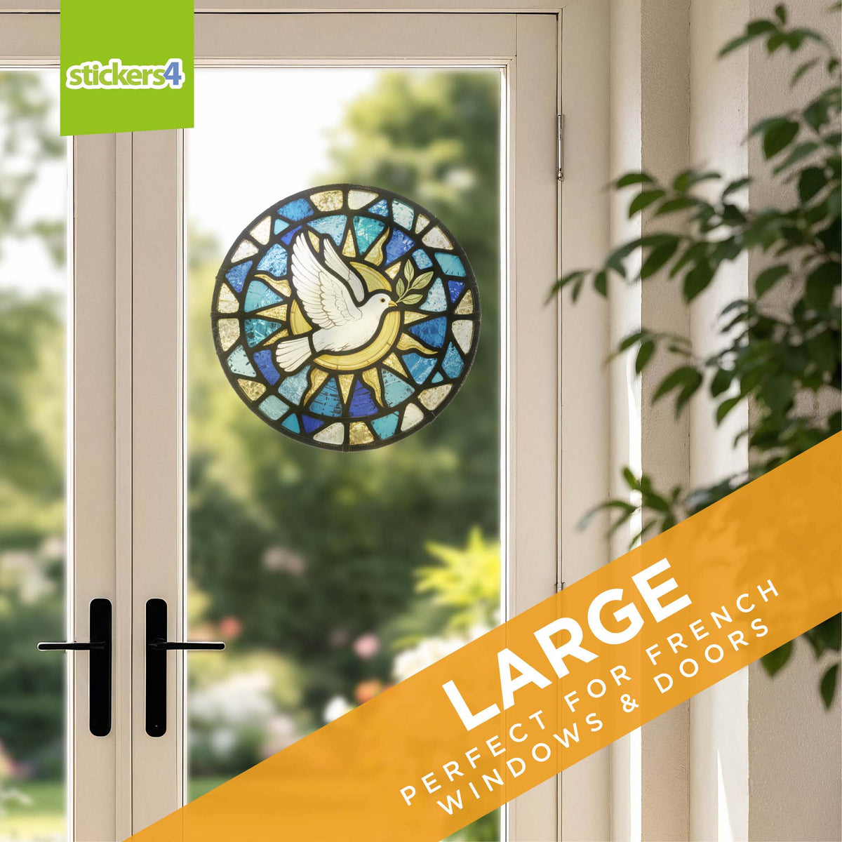 Decorative stained glass window sticker on a door with &#39;stickers4&#39; branding.