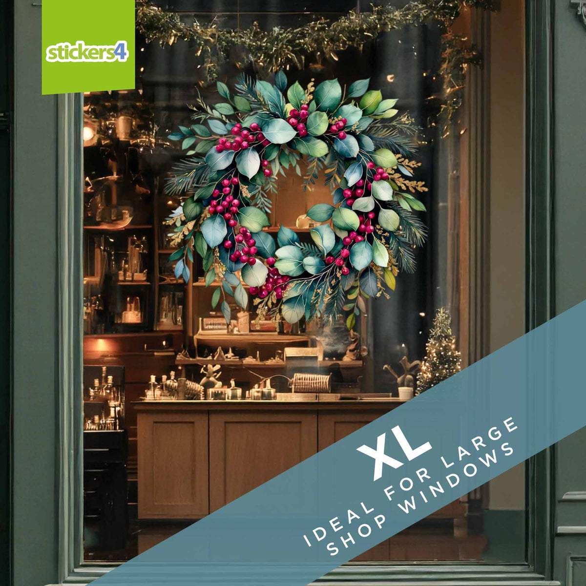 Eucalyptus & Berries Christmas Wreath Window Sticker