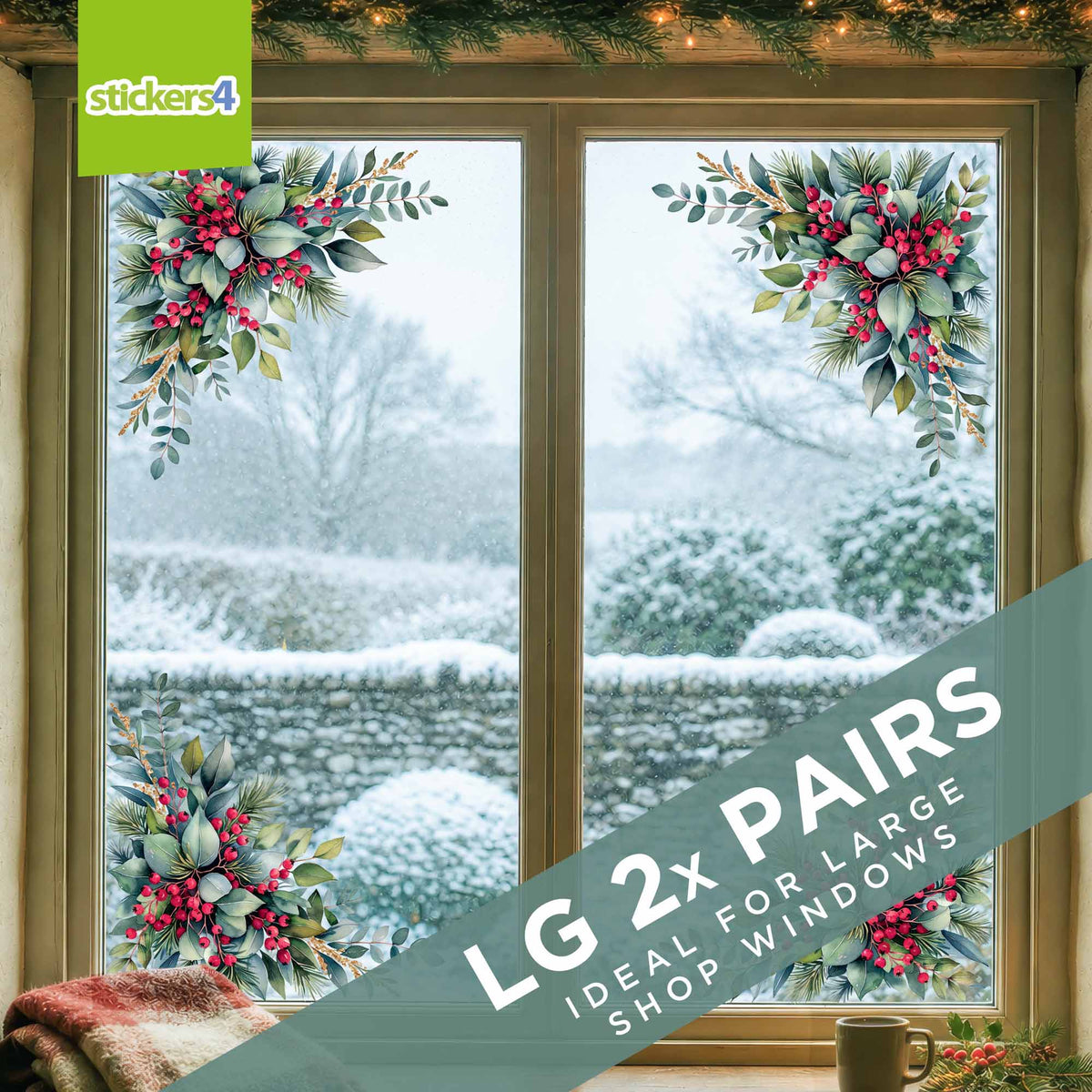 Eucalyptus & Berries Christmas Window Corner Stickers