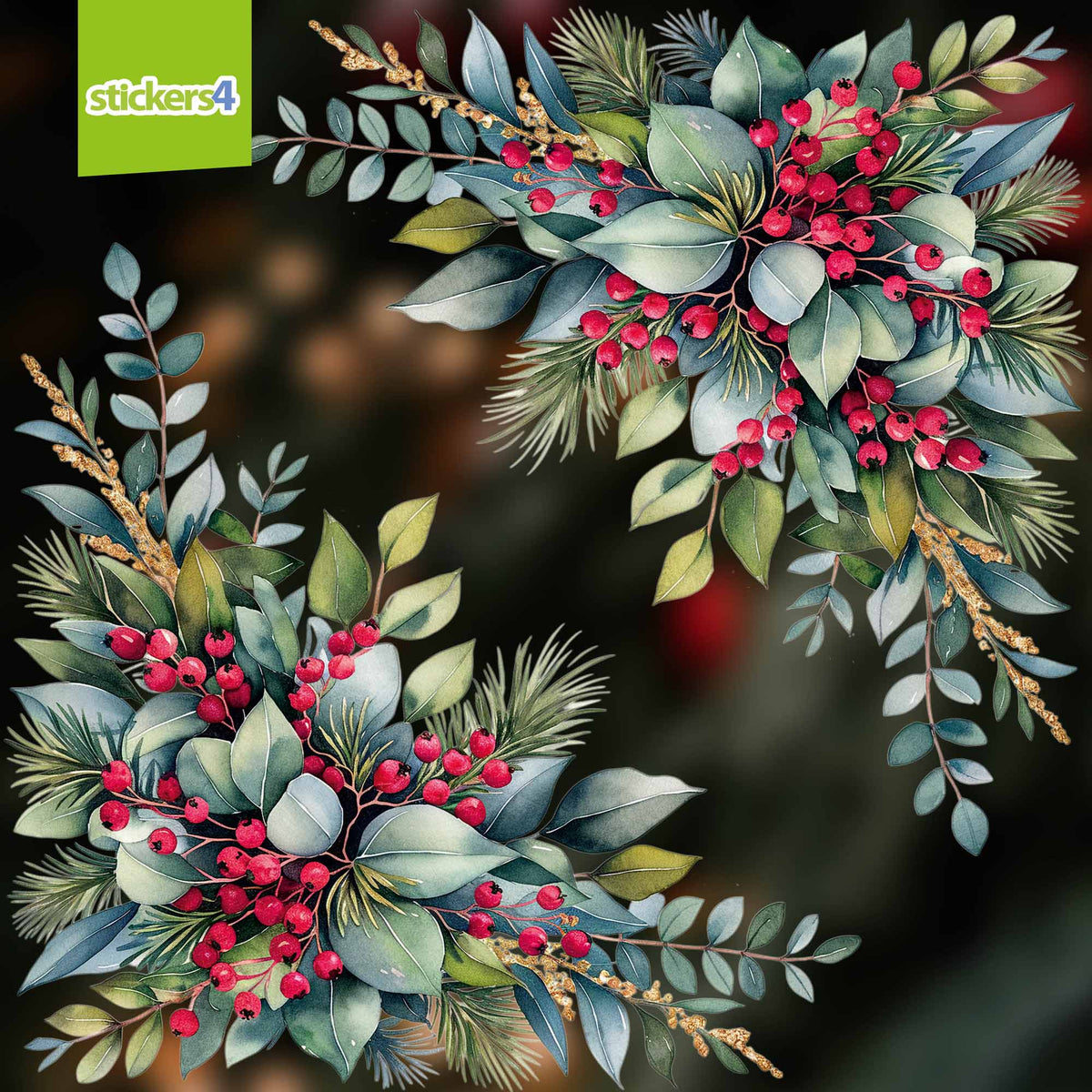 Eucalyptus & Berries Christmas Window Corner Stickers