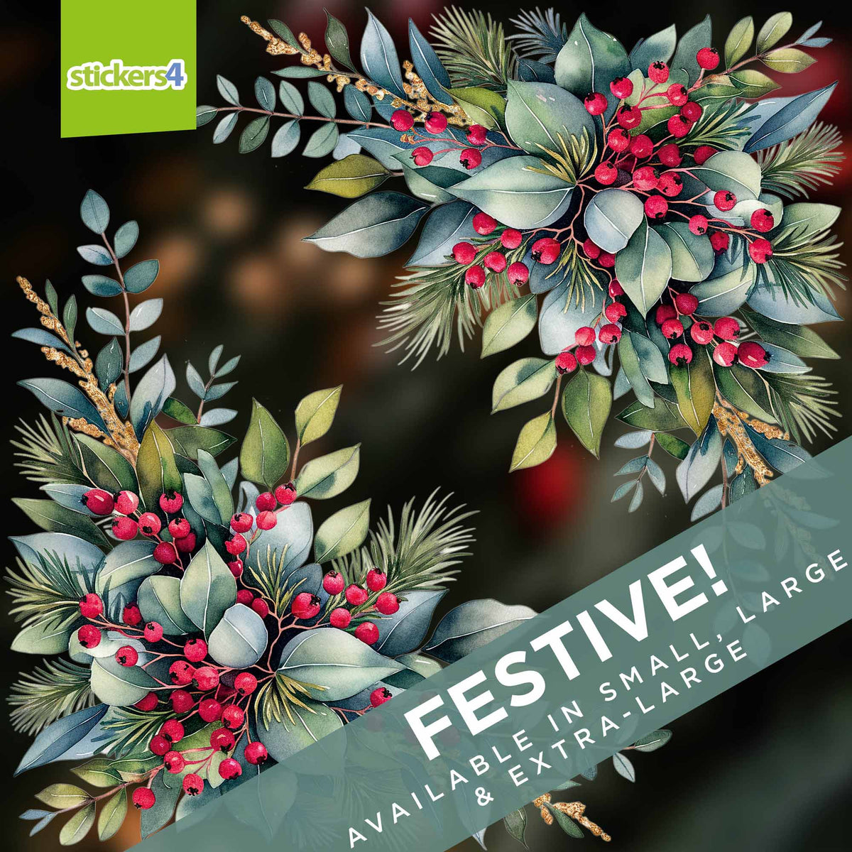 Eucalyptus & Berries Christmas Window Corner Stickers