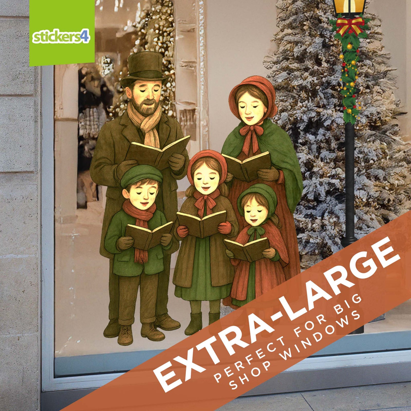Victorian carol singers family static cling Christmas window decorations for festive shop and home displays