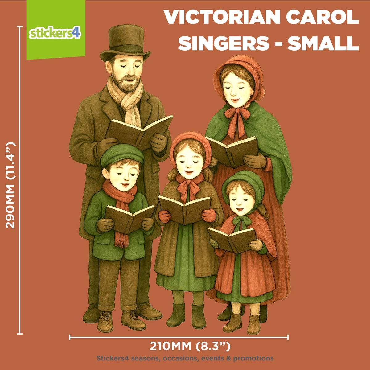 Illustration of Victorian carol singers with dimensions on a brown background
