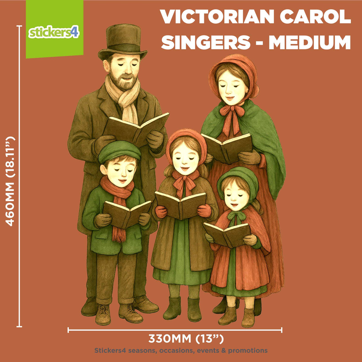 Illustration of Victorian carol singers with dimensions - window cling sticker