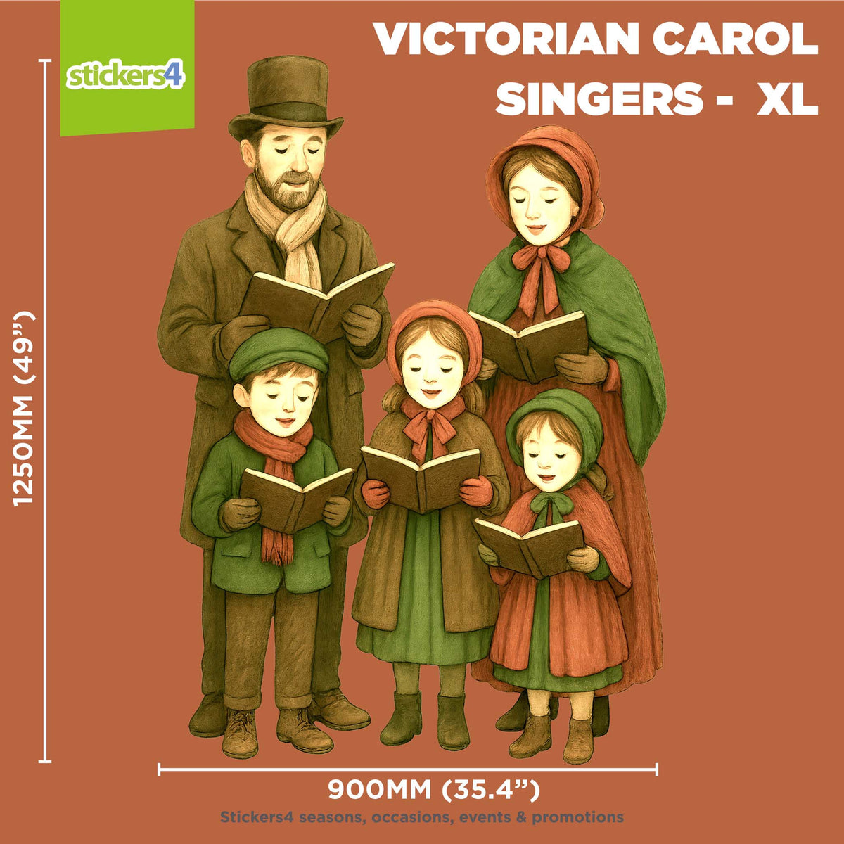 Illustration of Victorian carol singers with dimensions on a brown background, featuring the brand &#39;stickers4&#39;.