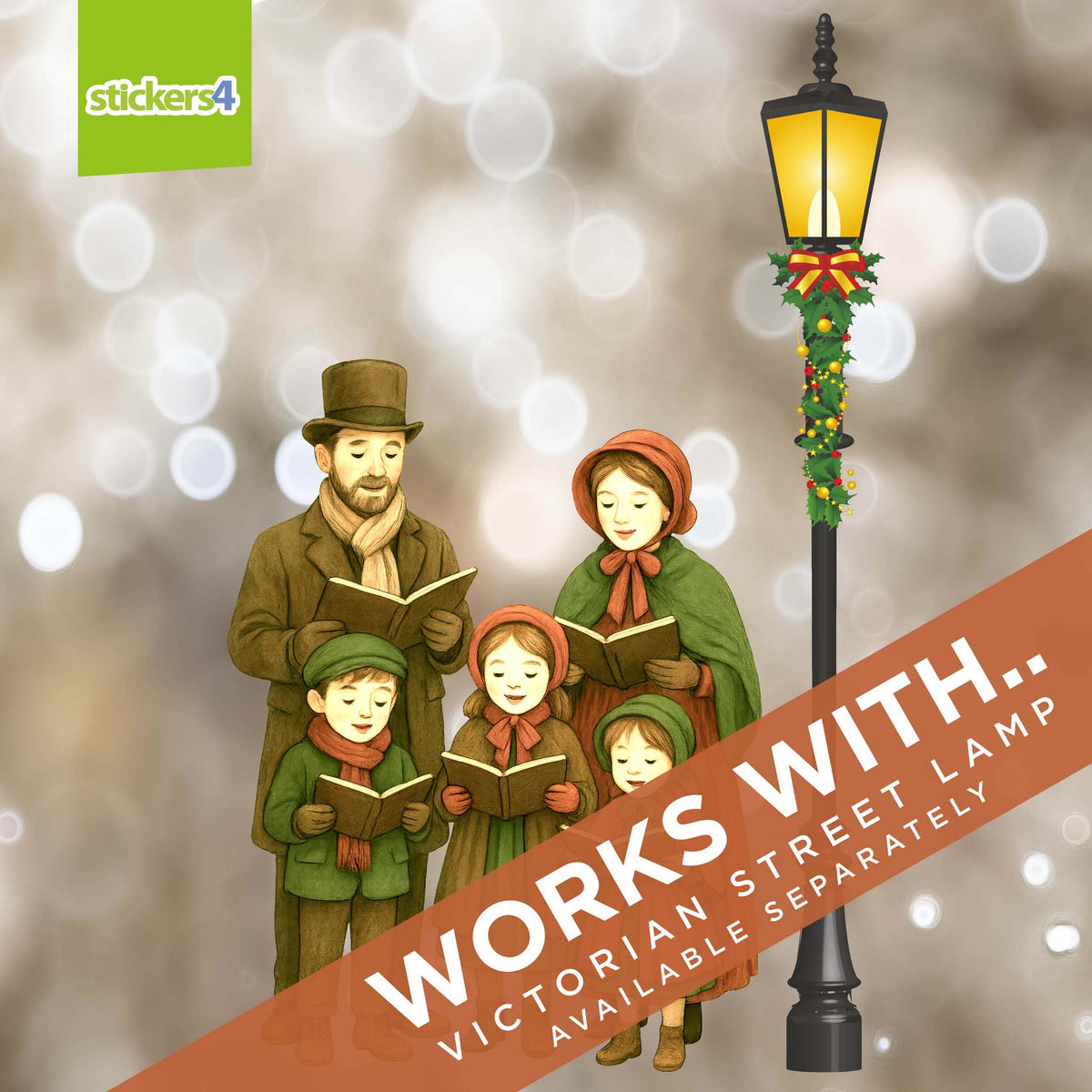 Illustration of a family by a Victorian street lamp with &#39;stickers4&#39; branding.