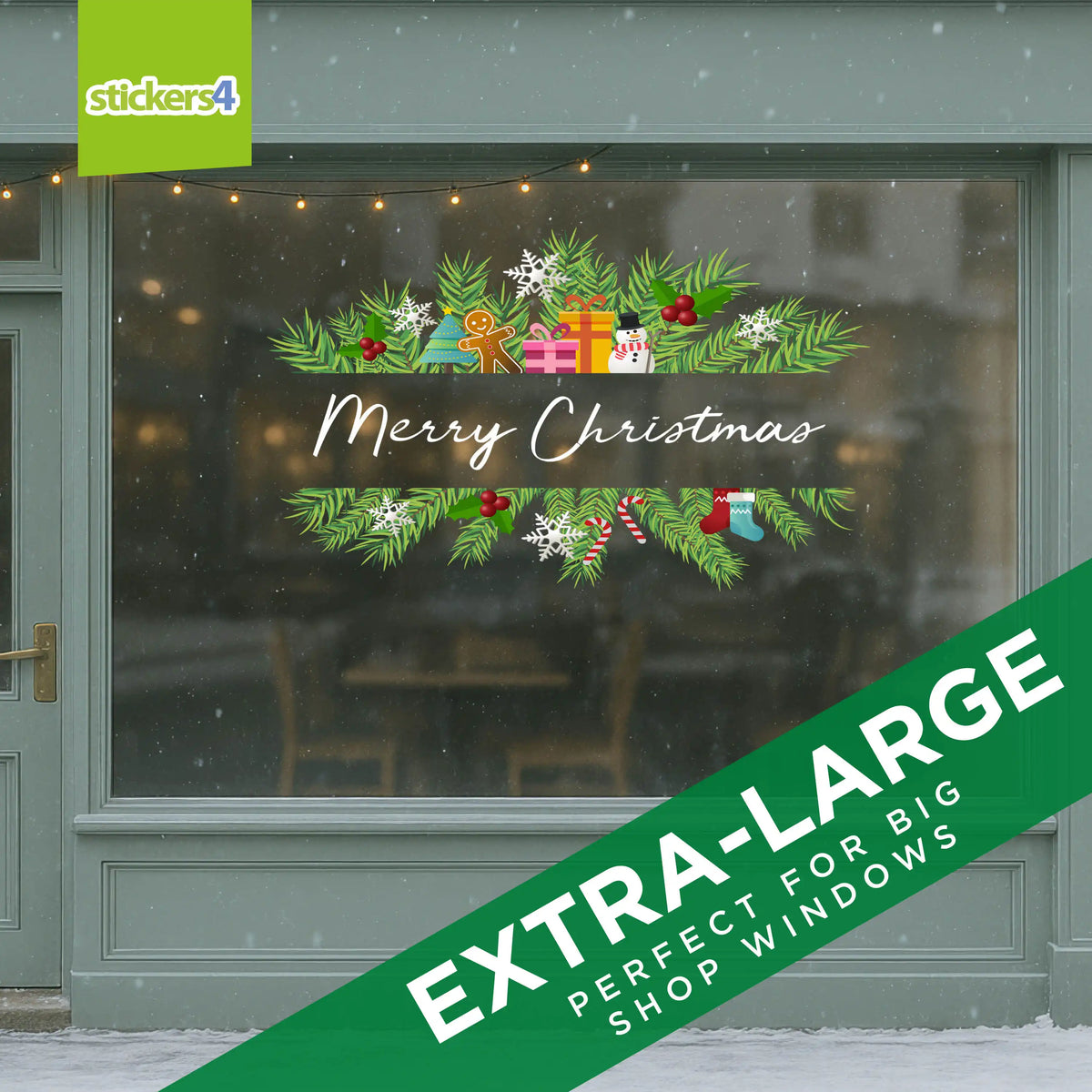 Decorative Christmas window sticker with &#39;Merry Christmas&#39; text and festive elements on a shop window.