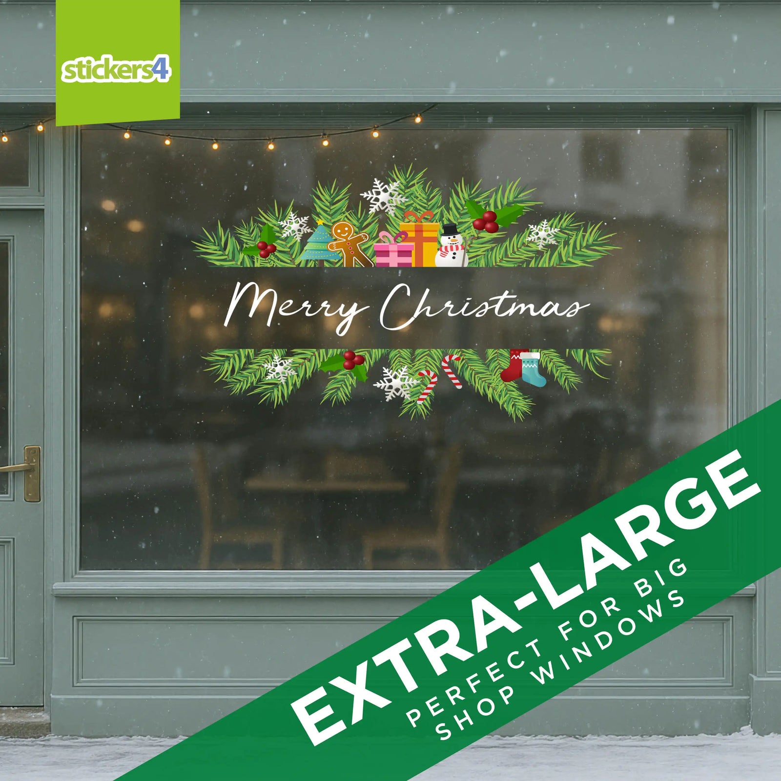 Christmas-themed decorative stickers with greenery, presents, and text on a dark background.