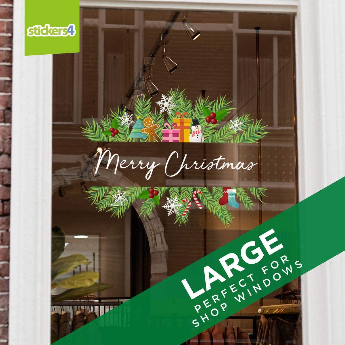 Christmas-themed window decal with &#39;Merry Christmas&#39; text and festive elements, placed on a shop window.