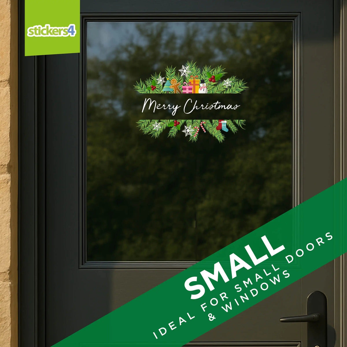 Decorative Christmas sticker on a glass door with &#39;stickers4&#39; branding.