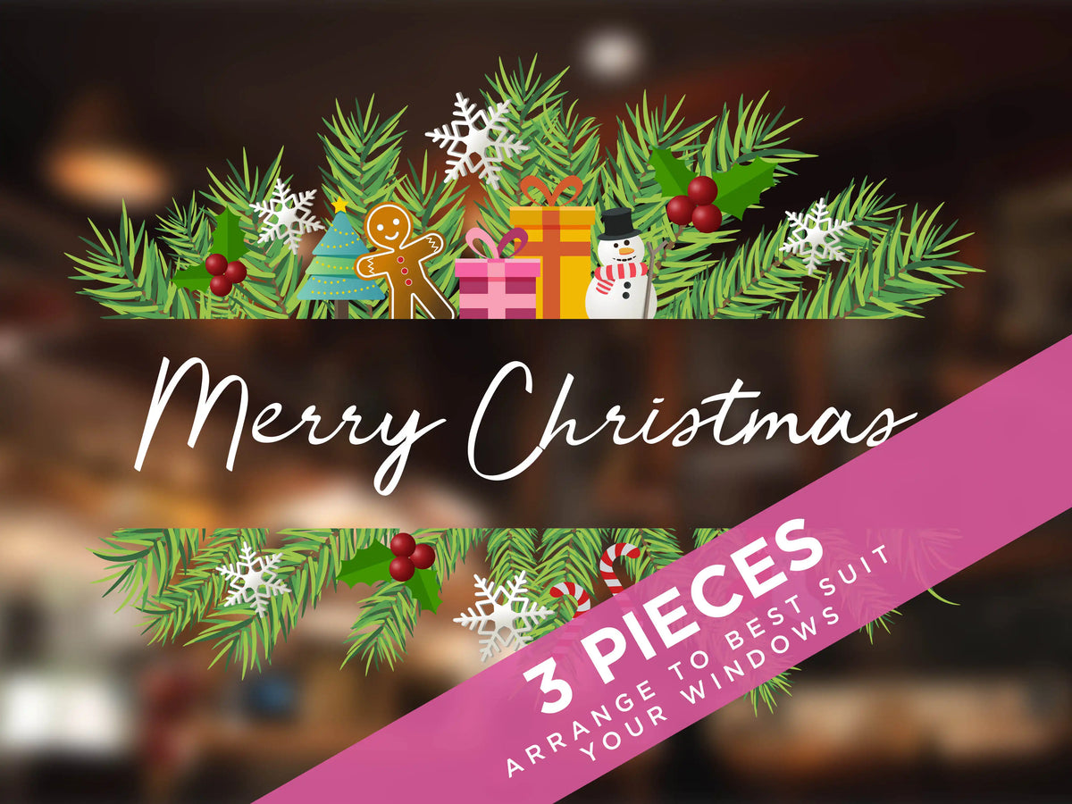 Decorative Christmas banner with festive elements and &#39;Merry Christmas&#39; text on a blurred background.
